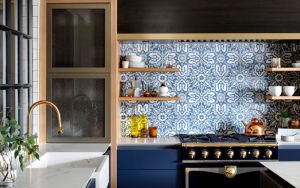 Intricate blue tile backsplash in a traditional kitchen