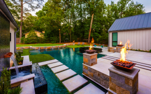 Pool with fire feature and little steps