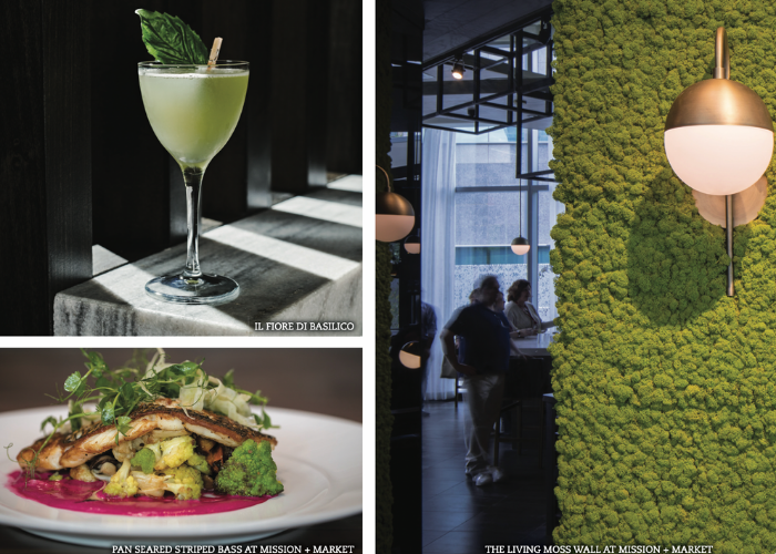 Drinks, food and moss wall at Mission + Market