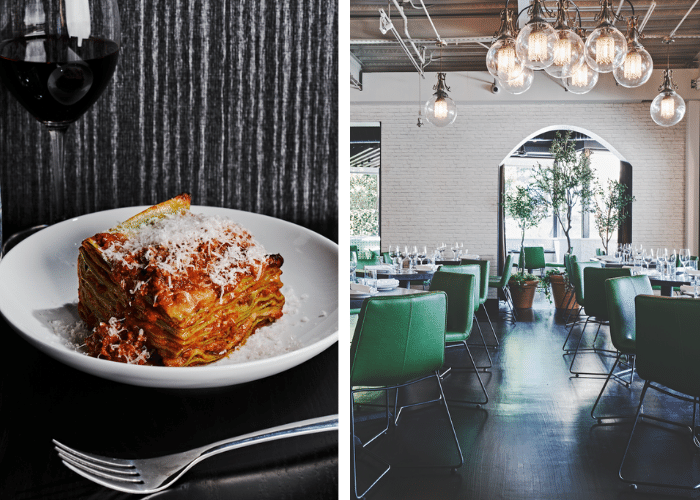 Lasagna and dining room at Tre Vele