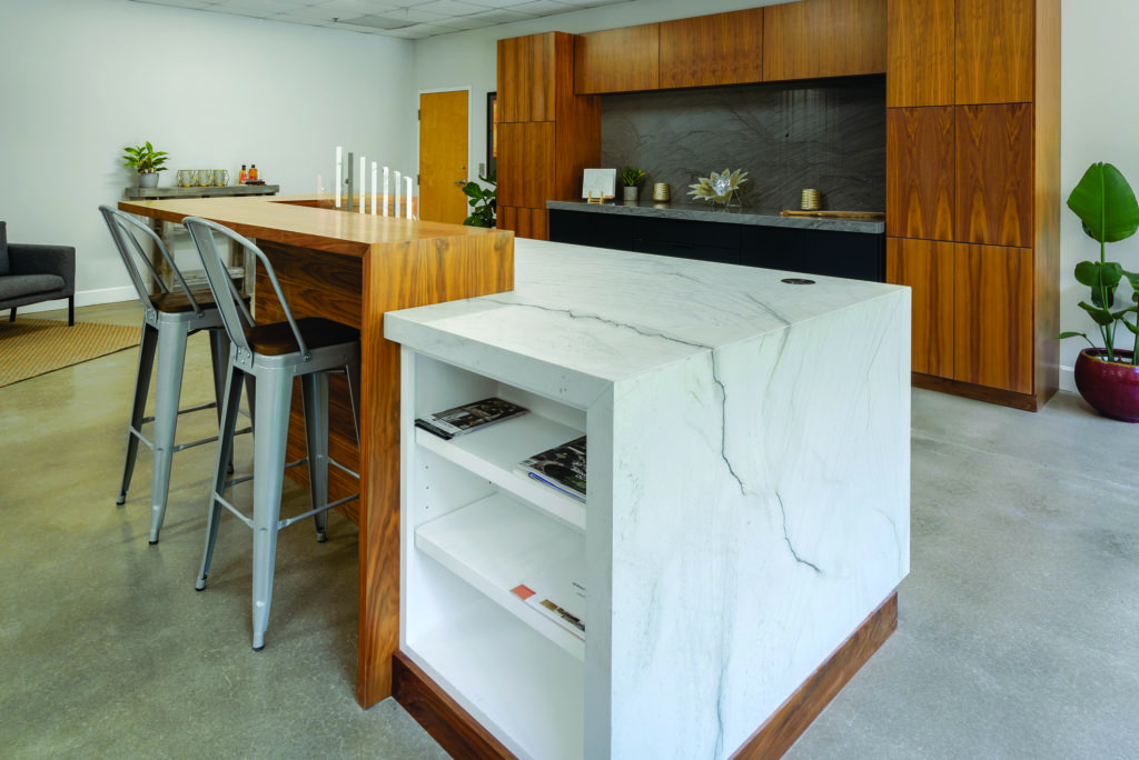 Kitchen with white marble island